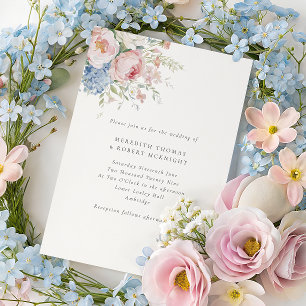 Invitación Boda romántica azul y rosa pastel floral