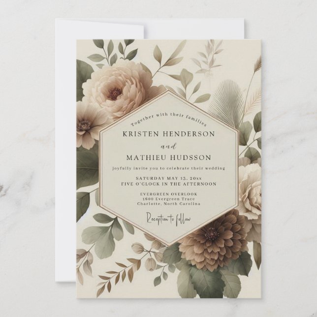 Invitación Boda Romántica Beige Bloom (Anverso)