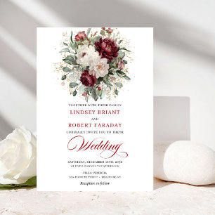 Invitación Boda Romántica Bohemiana Floral Blanca de Borgoña