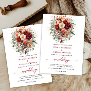 Invitación Boda Romántica Boho Borgoña Flores Otoño