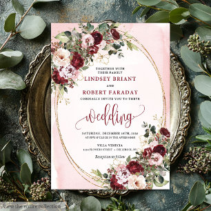 Invitación Boda Romántica Boho Marsala Rosas Rosadas Doradas