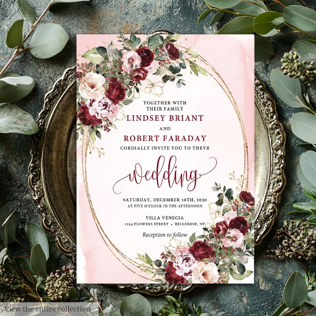 Invitación Boda Romántica Boho Marsala Rosas Rosadas Doradas  (Romantic Boho Marsala Blush Gold Roses Wedding Invite

)