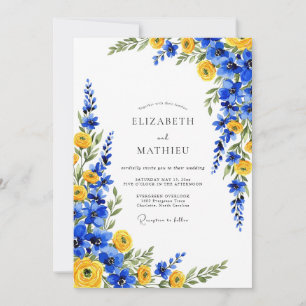 Invitación Boda Romántica Botánica Amarillo Azul