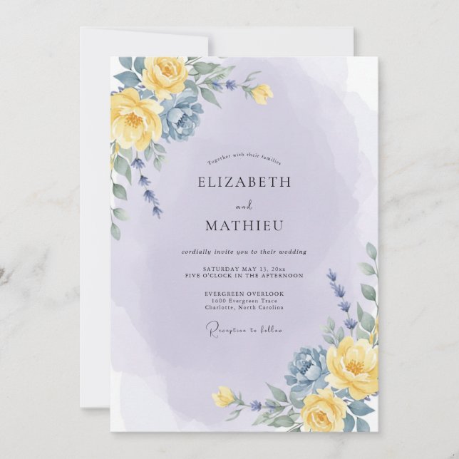Invitación Boda Romántica Botánica Amarillo Lavanda (Anverso)