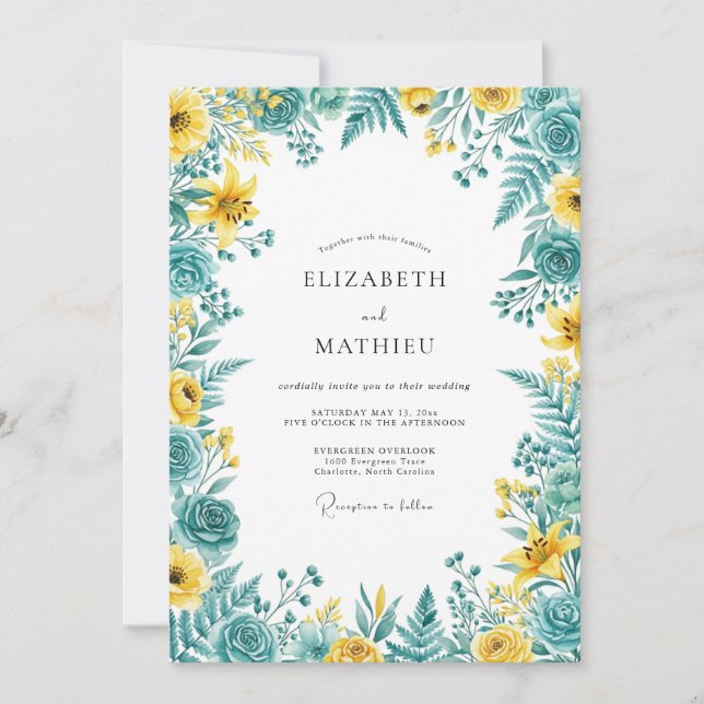 Invitación Boda Romántica Botánica Amarillo Verde Teal (Anverso)