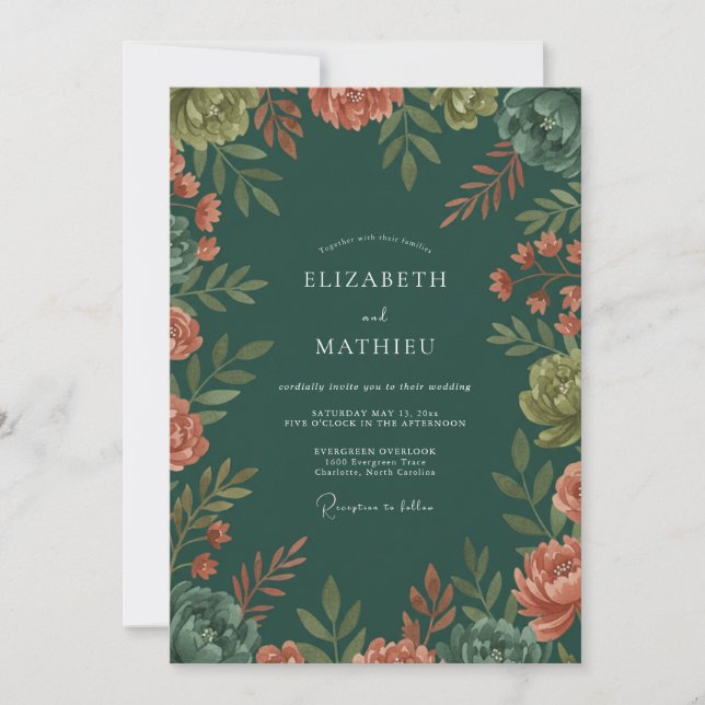 Invitación Boda Romántica Botánica Artística Esmeralda (Anverso)