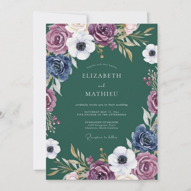 Invitación Boda Romántica Botánica Azul Ciruela (Anverso)