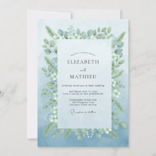 Invitación Boda Romántica Botánica Azul Claro