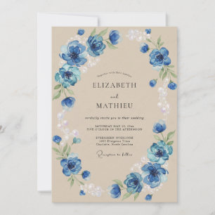 Invitación Boda Romántica Botánica Azul Cobalto