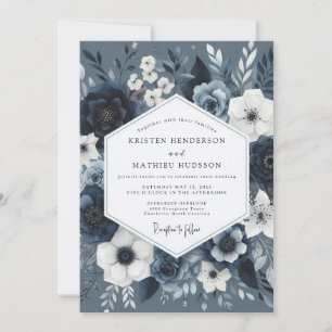 Invitación Boda Romántica Botánica Azul Pizarra