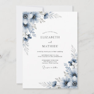 Invitación Boda Romántica Botánica Azul Pizarra