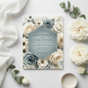 Invitación Boda romántica botánica azul polvoriento
