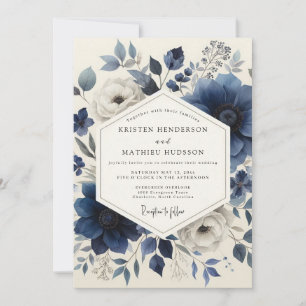Invitación Boda Romántica Botánica Azul Profundo