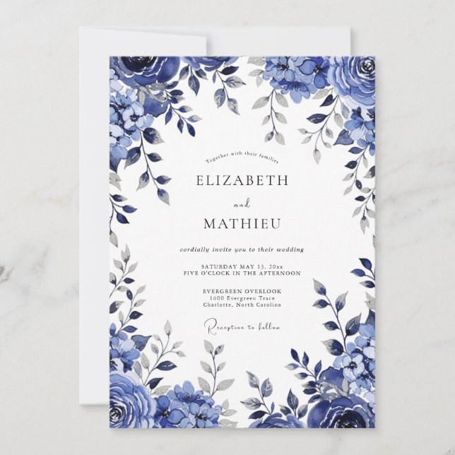 Invitación Boda Romántica Botánica Azul Profundo (Anverso)