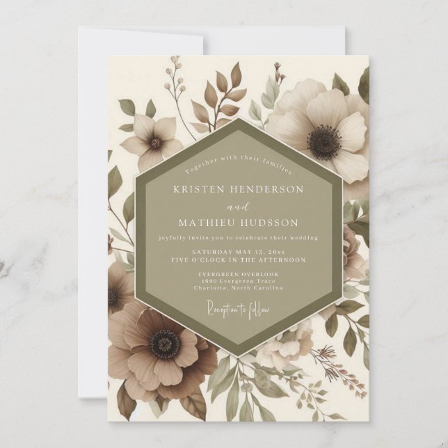 Invitación Boda Romántica Botánica Beige (Anverso)