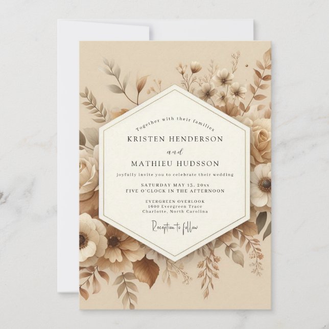 Invitación Boda Romántica Botánica Beige (Anverso)
