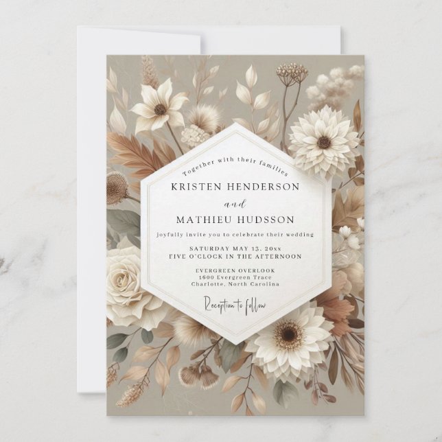 Invitación Boda Romántica Botánica Beige (Anverso)