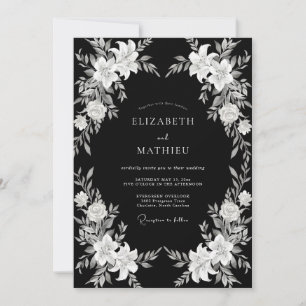 Invitación Boda Romántica Botánica Blanco y Negro