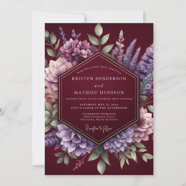 Invitación Boda Romántica Botánica Borgoña (Anverso)
