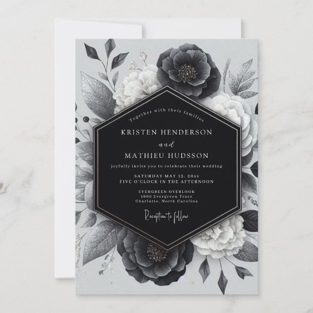 Invitación Boda Romántica Botánica Carbón (Anverso)