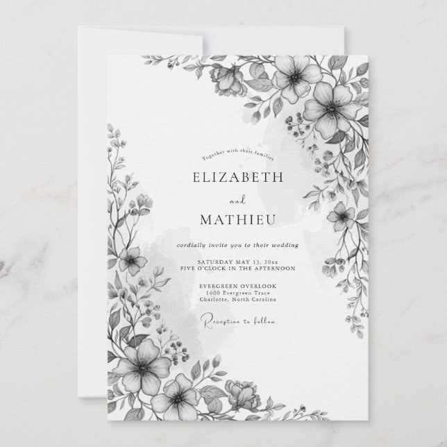 Invitación Boda Romántica Botánica Carbón (Anverso)