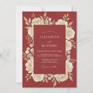 Invitación Boda Romántica Botánica Carmesí