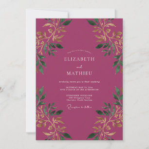 Invitación Boda Romántica Botánica Ciruela Profunda