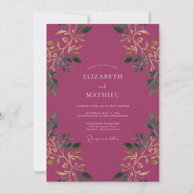 Invitación Boda Romántica Botánica Ciruela Profunda (Anverso)