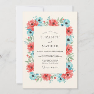 Invitación Boda Romántica Botánica Coral Aqua