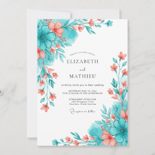 Invitación Boda Romántica Botánica Coral Teal