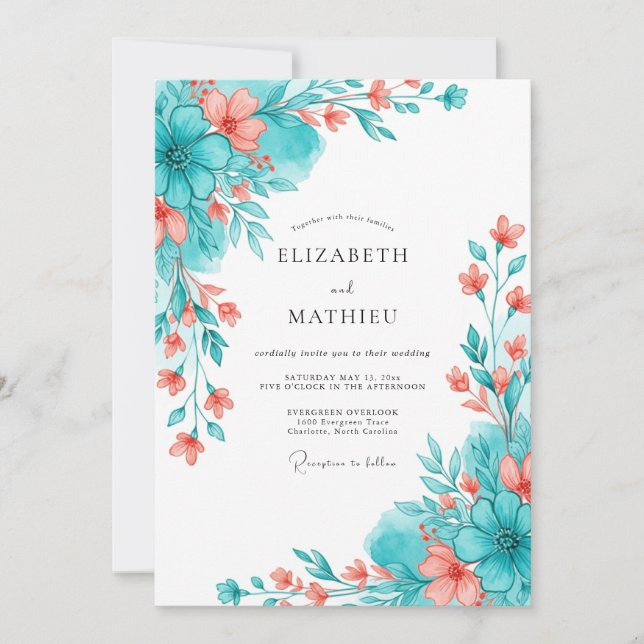 Invitación Boda Romántica Botánica Coral Teal (Anverso)