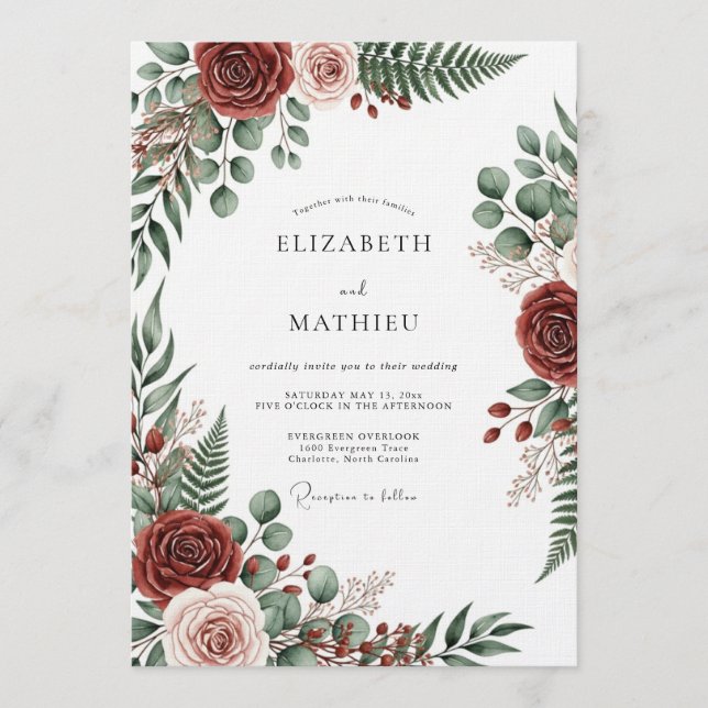Invitación Boda Romántica Botánica de Borgoña (Anverso)