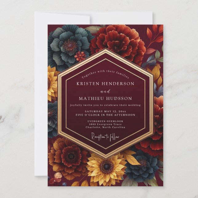 Invitación Boda Romántica Botánica de Borgoña (Anverso)