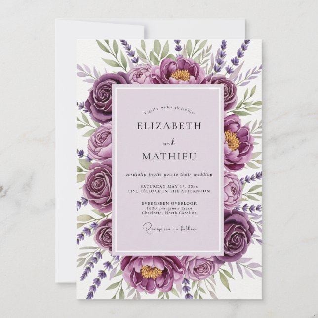 Invitación Boda Romántica Botánica de Ciruela (Anverso)
