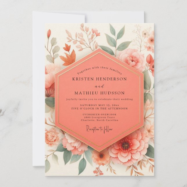 Invitación Boda Romántica Botánica de Coral (Anverso)