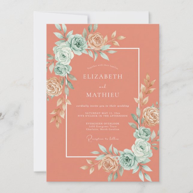 Invitación Boda Romántica Botánica de Coral (Anverso)