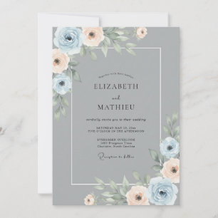 Invitación Boda Romántica Botánica de Melocotón Azul