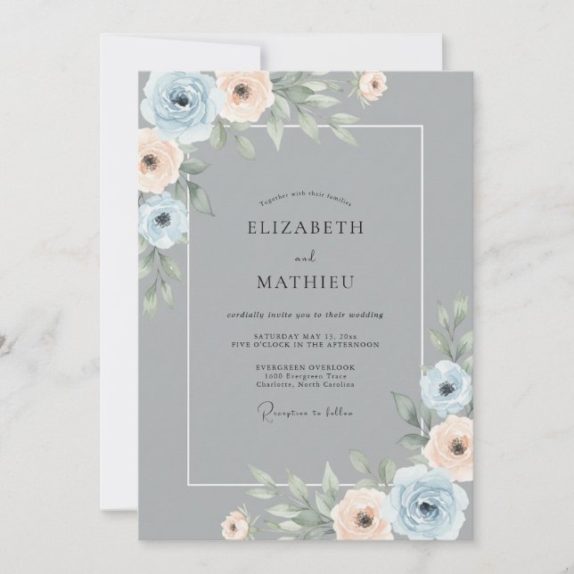 Invitación Boda Romántica Botánica de Melocotón Azul (Anverso)