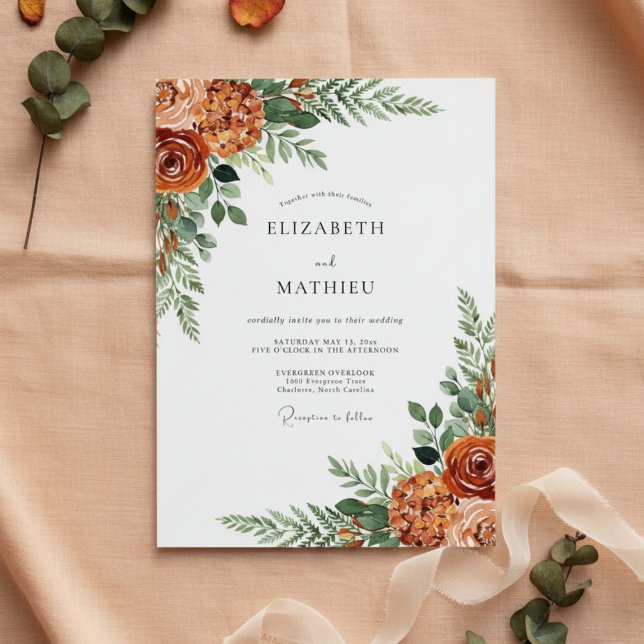 Invitación Boda Romántica Botánica de Naranja Quemada (Subido por el creador)