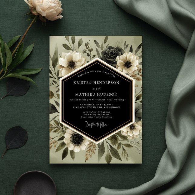 Invitación Boda romántica botánica de olivo profundo (Subido por el creador)