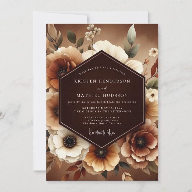 Invitación Boda Romántica Botánica de Otoño Marrón (Anverso)