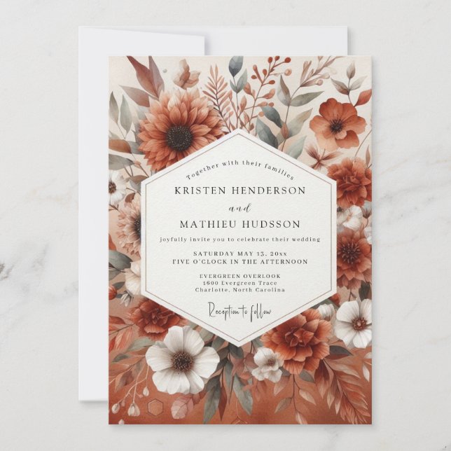 Invitación Boda Romántica Botánica de Terracota (Anverso)