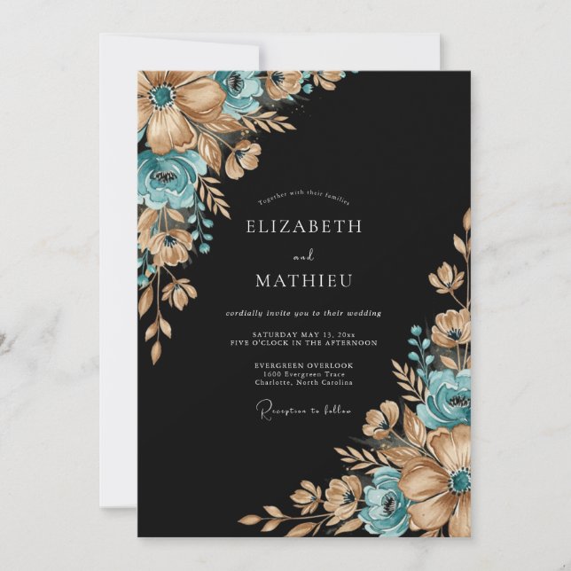 Invitación Boda Romántica Botánica Dorada Verde Teal (Anverso)