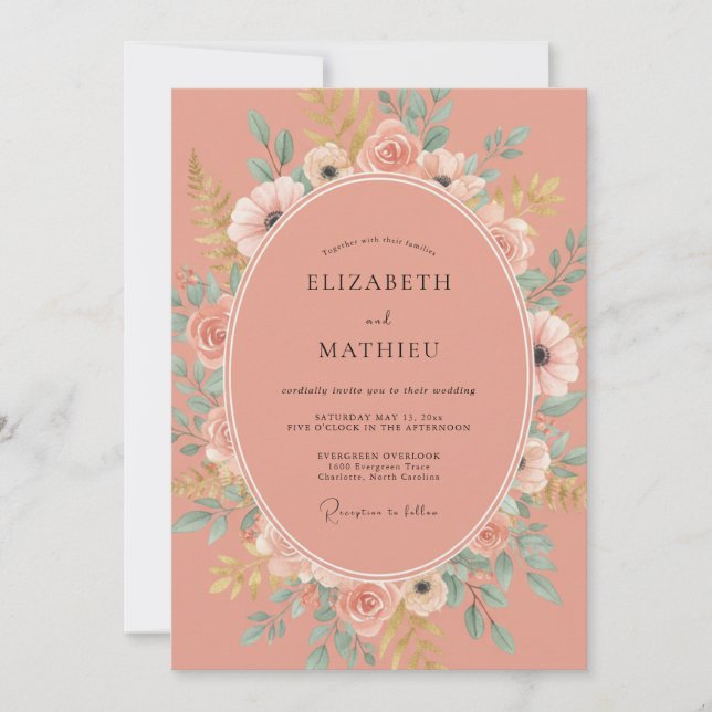 Invitación Boda Romántica Botánica Flor de Coral (Anverso)