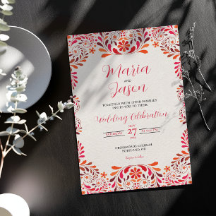 Invitación Boda Romántica Botánica Floral Rosa Roja Mexicana