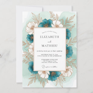 Invitación Boda Romántica Botánica Floral Turquesa