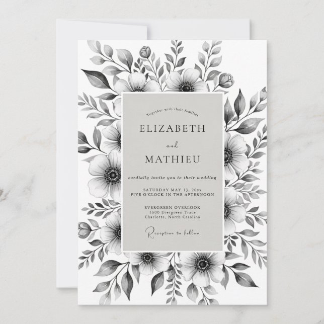 Invitación Boda Romántica Botánica Gris (Anverso)