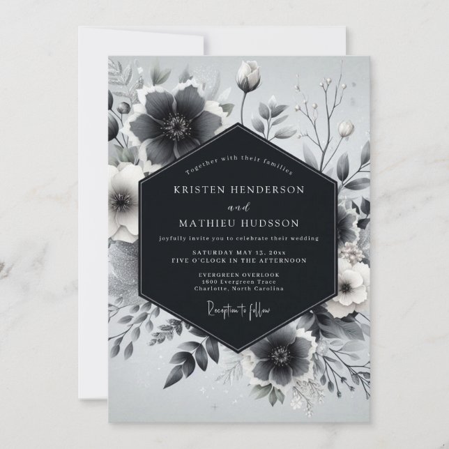 Invitación Boda Romántica Botánica Gris Pizarra (Anverso)