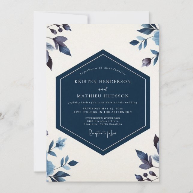 Invitación Boda Romántica Botánica Índigo (Anverso)