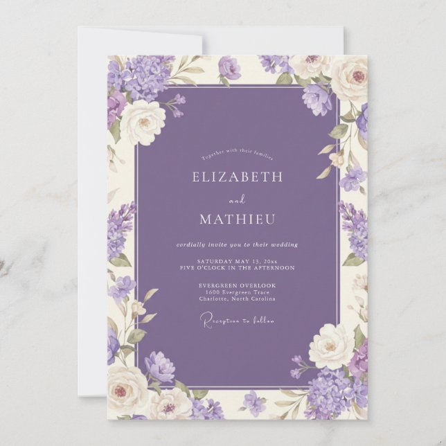 Invitación Boda Romántica Botánica Lila (Anverso)